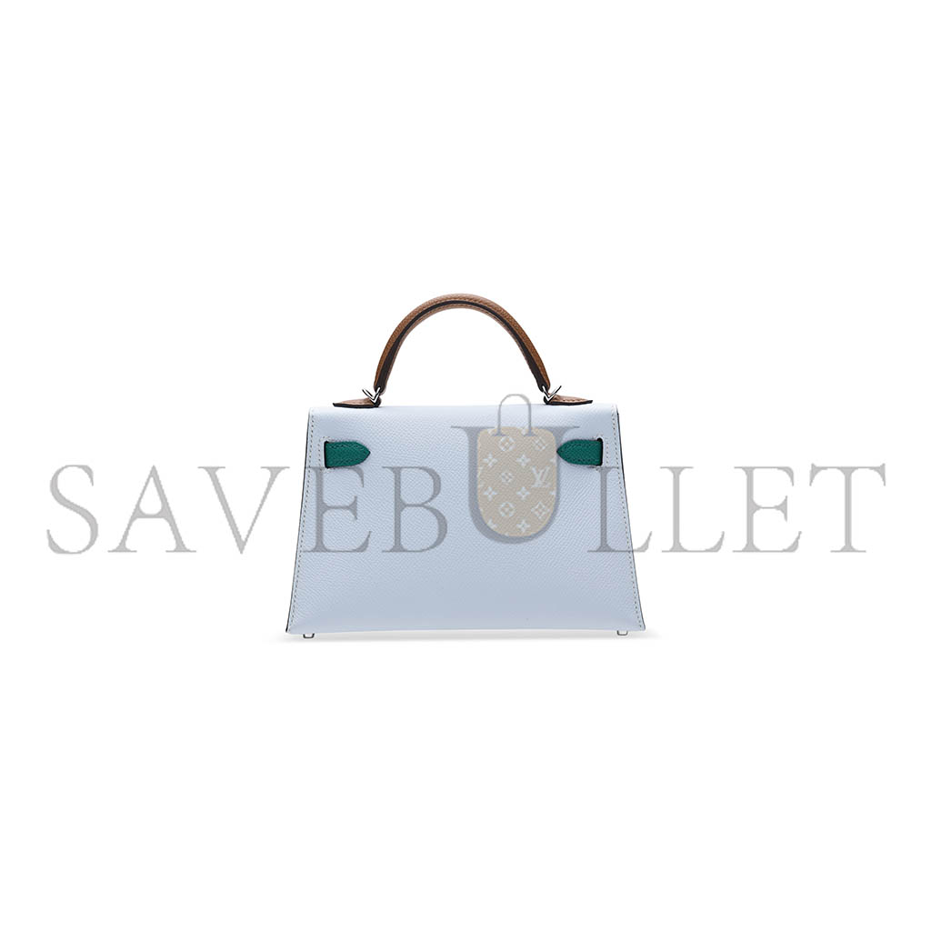 HERMÈS HAZE BLUE AND IMPERIAL GREEN AND SESAME EPSOM LEATHER TRICOLOR MINI KELLY 20 II WITH PALLADIUM HARDWARE (19*12*5.5cm) 